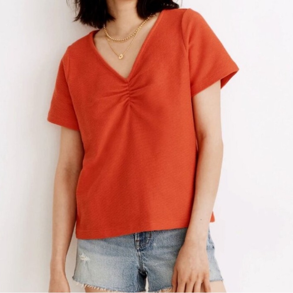 Madewell Blood Orange Ottoman Jacquard Ruched-Front Top